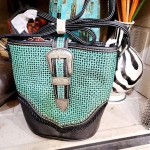 Trinity Ranch Montana West Crossbody Basketweave Leather Studded Buckle Black